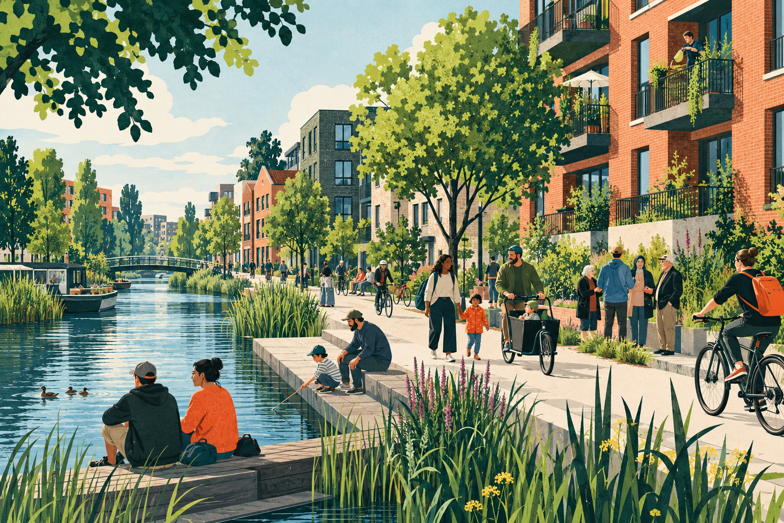 Illustration eines lebendigen, grünen Quartiers am Kanal