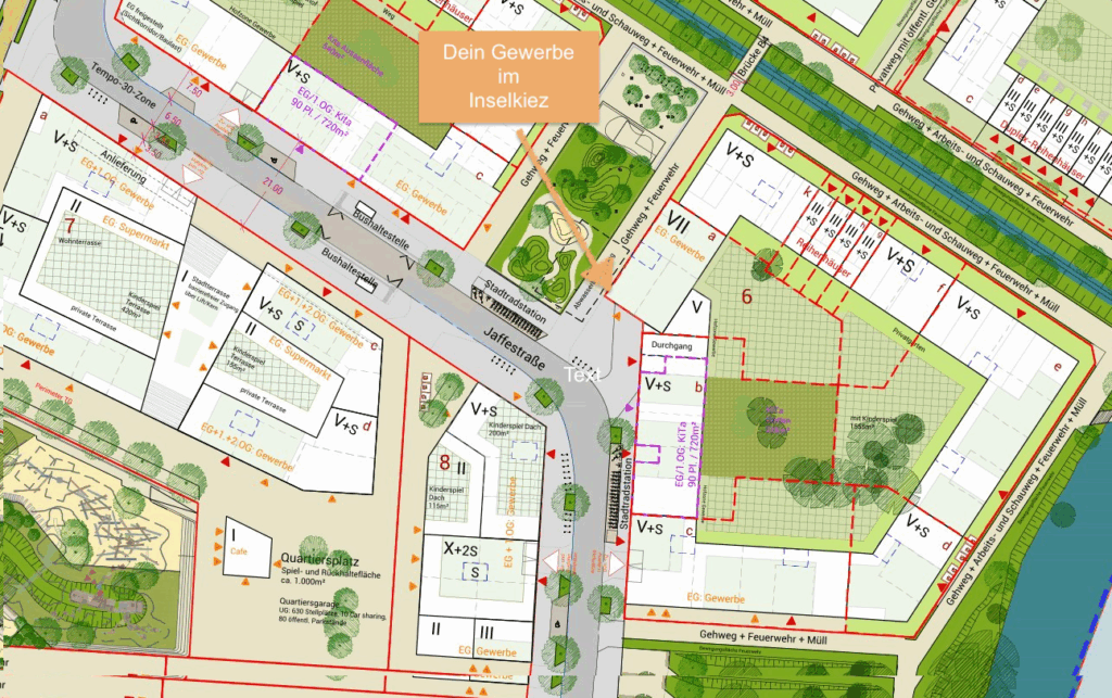 Planausschnitt mit der Gewerbefläche an der Jaffestraße, Bushaltestellen und StadtRAD-Station