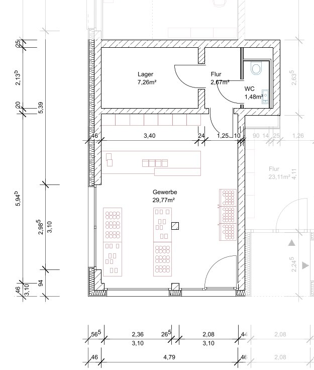 Grundriss der Gewerbefläche mit Gewerberaum, Lager, Flur und WC