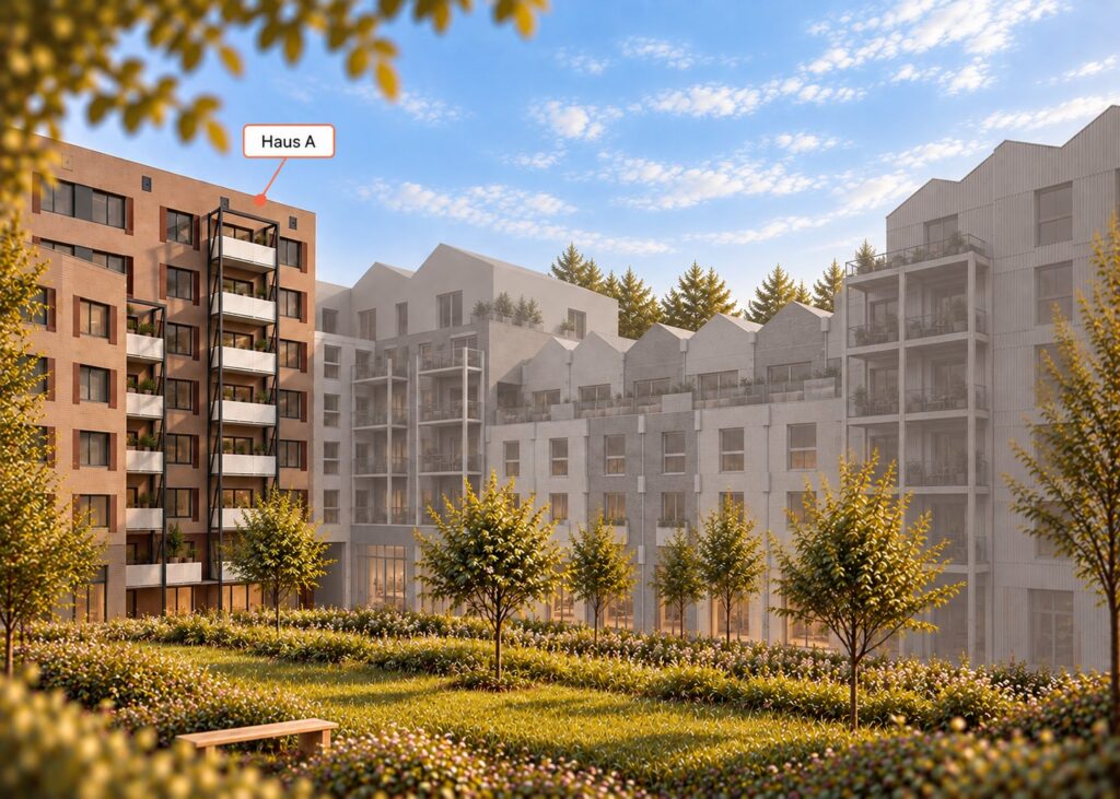 Visualisierung vom Innenhof mit hervorgehobenem Haus A