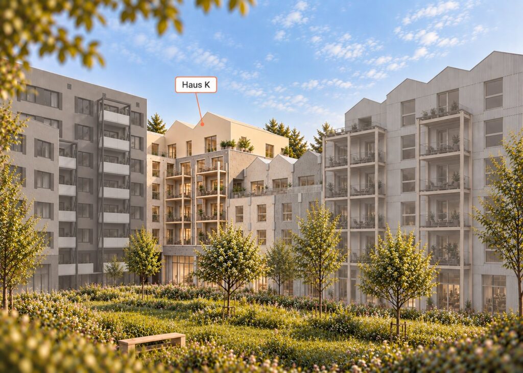 Visualisierung vom Innenhof mit hervorgehobenem Haus K