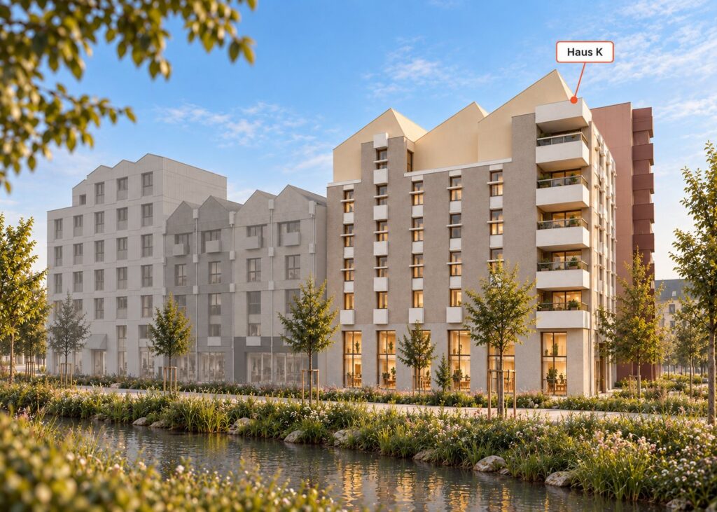 Visualisierung von außen mit hervorgehobenem Haus K am Wasserlauf