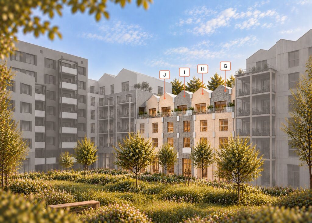 Visualisierung vom Innenhof mit hervorgehobenen Townhäusern G bis J