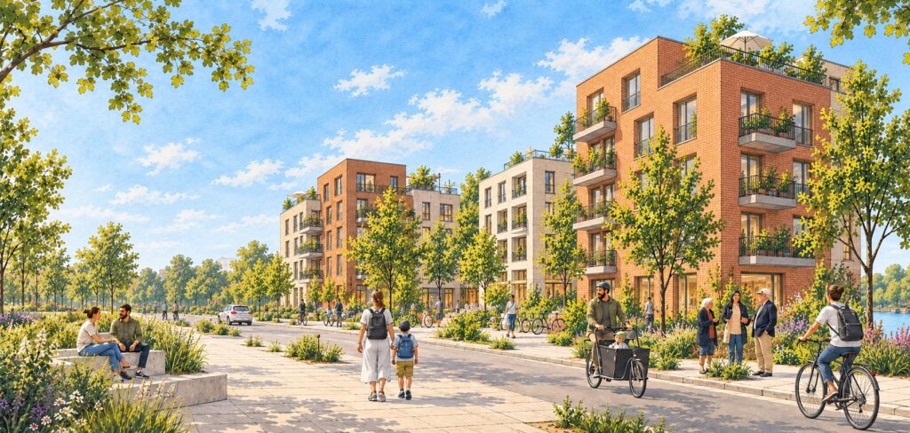 Illustration: grüne Uferstraße am Kanal mit Familien und Radfahrenden vor neuen Wohnhäusern